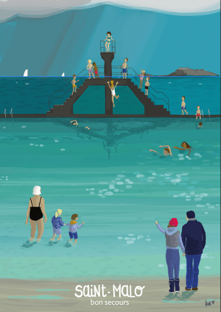 Affiche illustrée de la piscine de bon secours à Saint Malo
